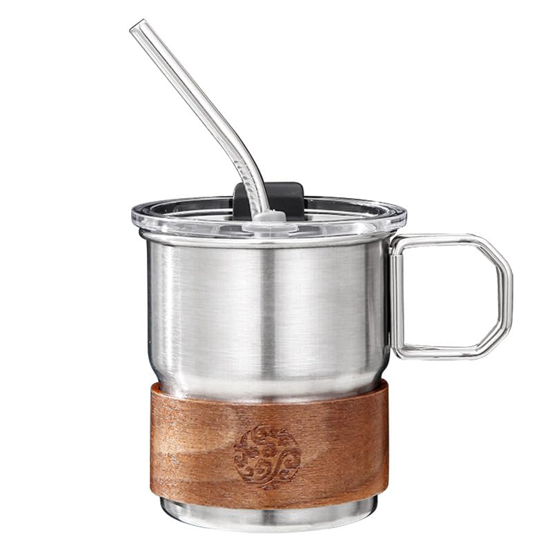 Avastro 300ml Coffee Cup Set with Lid, Stainless Steel Coffee Cups with Straws, Reusable & Stackable Stainless Steel Cup for Coffee, Tea, Milk (Set of 1 with Handle) Pack of 1 4
