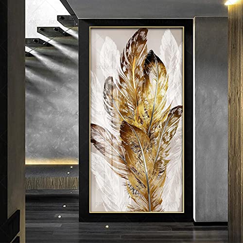 Affiches entrée peinture mur art plume d'or salon moderne 90x180cm