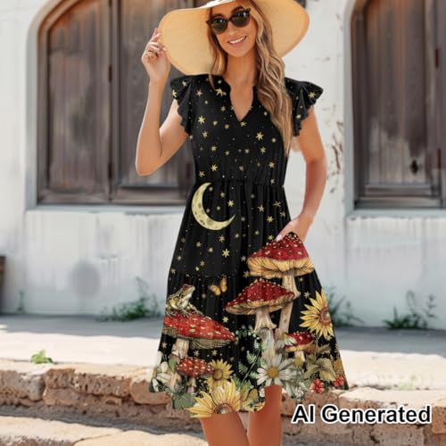 Image of Women's Casual Ruffle Sleeve Dress V Neck Pullover Dress Flowy A-Line Pleated Lightweight Dress with Pockets