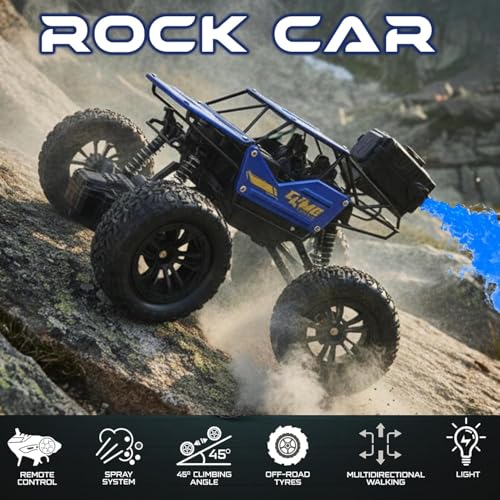 Image of Remote Control Rock Crawler Monster Truck for Kids with Mist Spray & Smoke Effect | Rechargeable Off-Road All Terrain RC Car with Spring Shockers | High Speed Climbing Toy Car (Color As Per Stock)