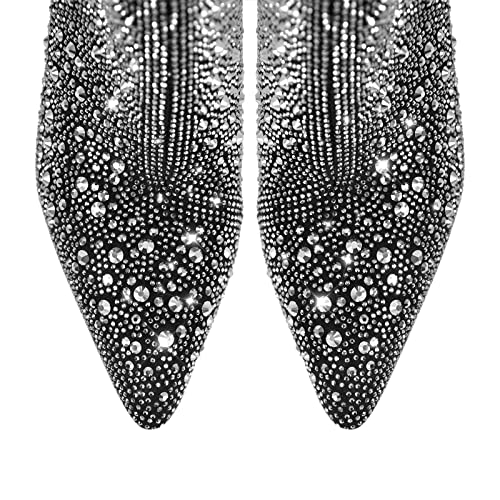VERISSON Glitter Rhinestone Block Boots Point Toe Zip-up Booties2