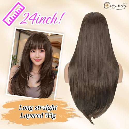 Image of Creamily Long Straight Layered Brown Wig for Women 24 Inch Synthetic Hair Full Head Wigs for Women with Bangs for Party Cosplay (Brown, 24 Inch)