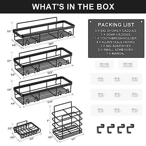 Posyla-Shower-Caddy-Bathroom-Shower-Organizers-Black-Shower-Shelves-for-Inside-Shower-with-Soap-Caddy-Toothbrush-Holder-Stainless-Steel-Wall-Rack-Baskets-Adhesives-Mounted5-PCS