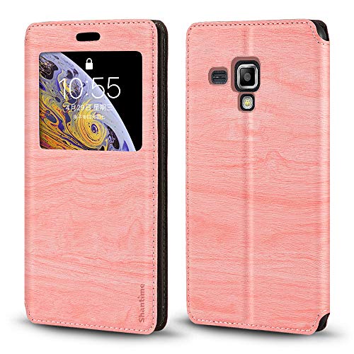 Shantime Funda de Cuero con Ventana Compatible con Samsung Galaxy Trend Plus, Diseño Elegante Vista Clara, Cierre Magnético Oculto Ranura Tarjeta(Rosa)