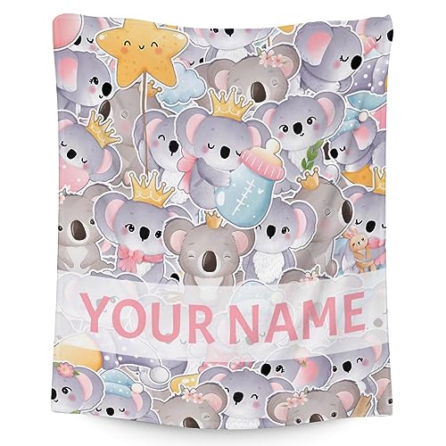 Personalized Koala Blanket Gifts with Name - 50"x60" Cute Throw for Women, Girls - Colorful Soft Fuzzy Blankets for Bed, Couch & Living Room