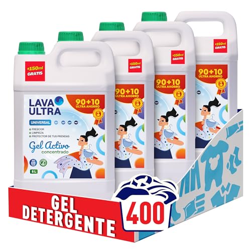 Lava Ultra Gel Activo 20L+ 600ml.GRATIS - Detergente Líquido Concentrado para Lavadoras, 400 Lavados, Sin Fosfatos, Apto para Todo Tipo de Telas, Suave y Fresco, Fabricado en España (4, 5L)
