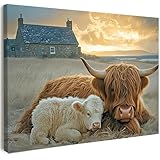 Canvas Wall Art Framed – Highland Cow and Calf Farmhouse Artwork, Rustic Country Cottage Wall Decor for Living Room, Bedroom, Hallway or Entryway Home Decoration, with Hooks and Nails, 12x16 Inch - Image 1
