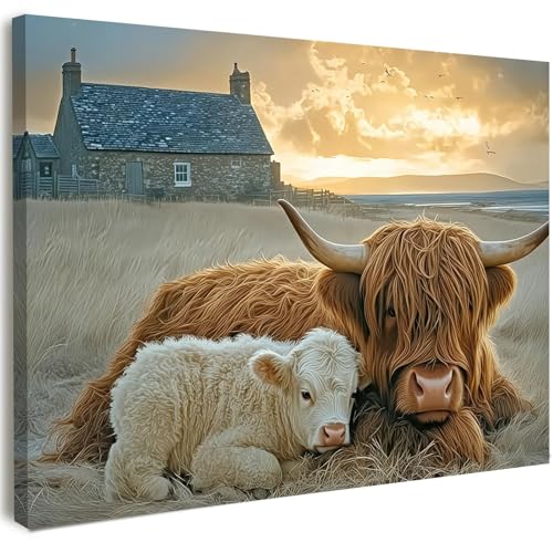 Canvas Wall Art Framed – Highland Cow and Calf Farmhouse Artwork, Rustic Country Cottage Wall Decor for Living Room, Bedroom, Hallway or Entryway Home Decoration, with Hooks and Nails, 12x16 Inch