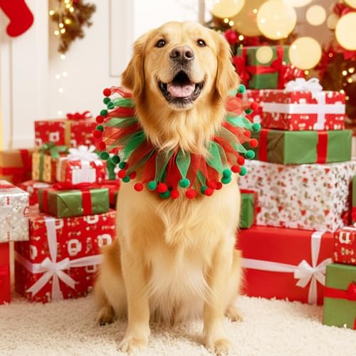 Weihnachten Halsband Hund Katze Elastische Weihnachts Hundehalsband mit Rot Grünem Design Verstellbare Haustierhalsband Kostüm Zubehör für Hund Katze Welpen Kätzchen (L)
