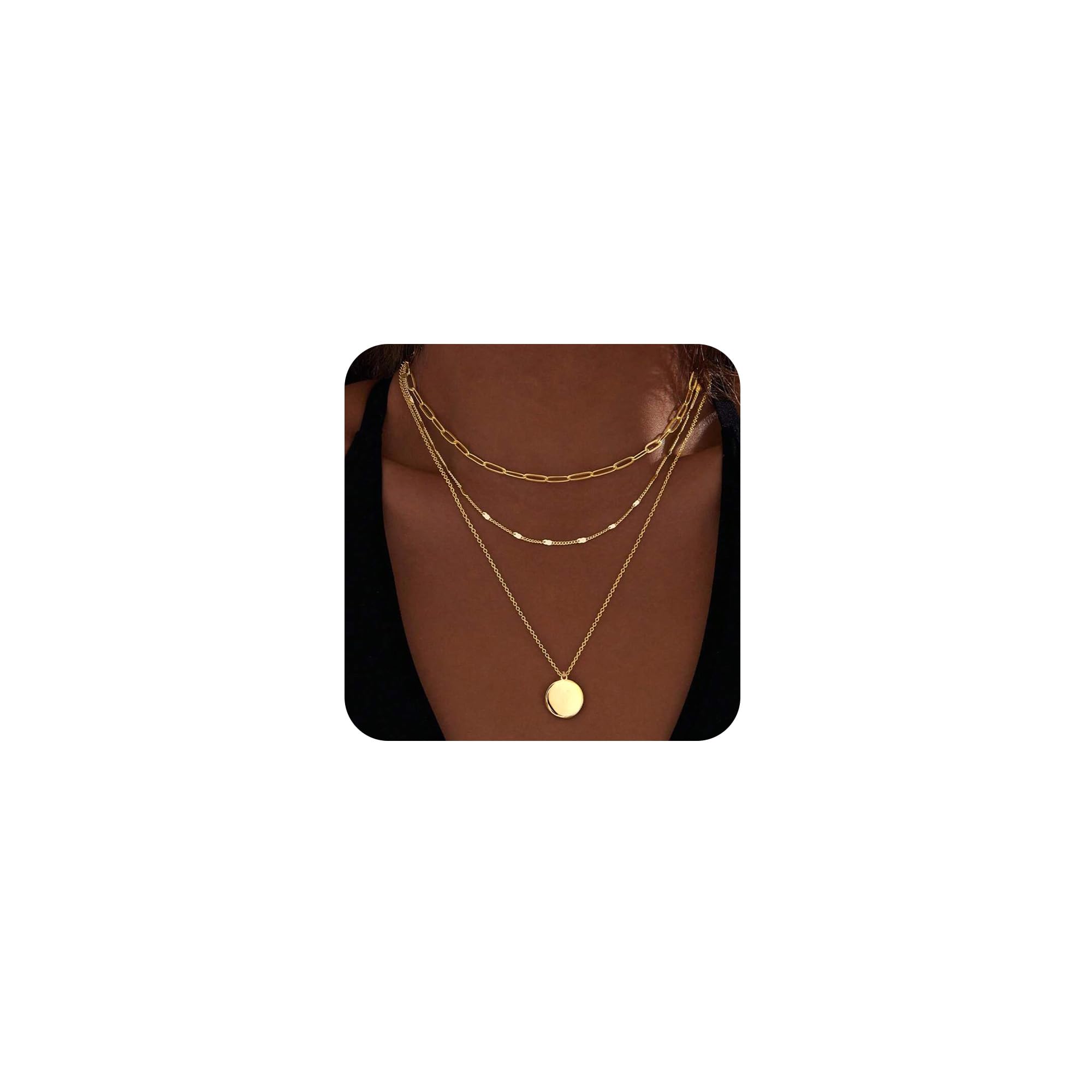 Layered Gold Necklaces for Women,Stackable Necklace Layering 14k Gold Plated Dainty Square Pendant Cuban Herringbone Snake Paperclip Chain Choker Jewelry Sety for Women image 2