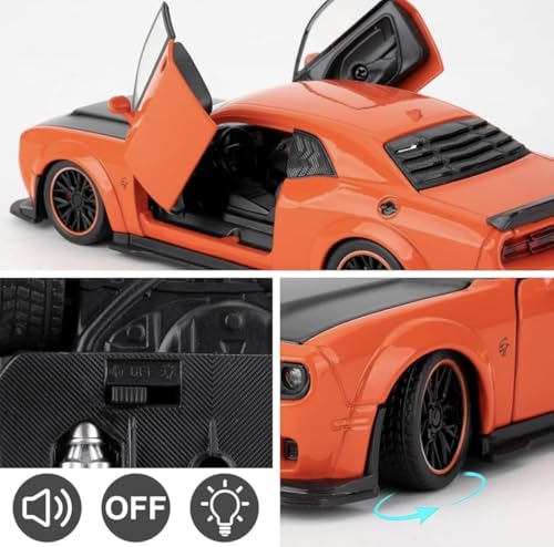 Image of Die-Cast Car Model 1:32 Scale Challenger SRT| Alloy Metal Car with Openable Doors, Hood & Trunk | LED Headlight & Taillight with Sound | Pull Back Toy for Kids & Collectors (Orange)