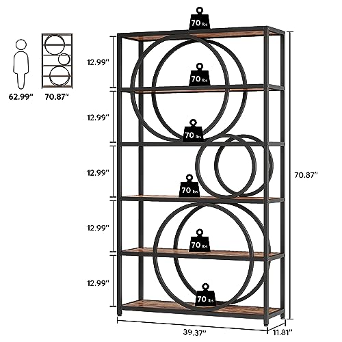 Image of Tribesigns 5-Tier Bookshelf, 71 inch H Industrial Book Shelf Large Bookcases and Bookshelves with Chic Circular Design, Tall Open Shelf Storage Rack for Home Office Living Room, Rustic Brown