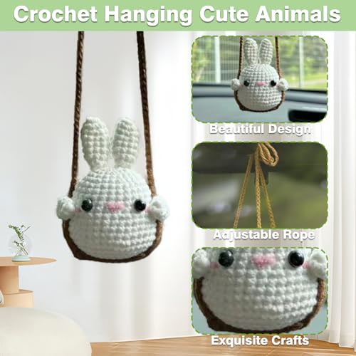 Image of Crochet Swinging Bunny Car Mirror Hanging Accessories, Cute Car Decorations for Women Aesthetic, Handmade Knitted Rearview Mirror Car Accessories Home Office Car Mirror Decor
