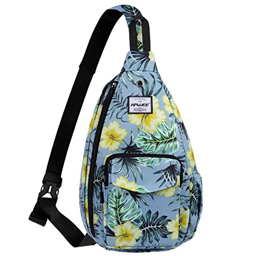 HAWEE Rope Sling Bag for Women Casual Cross Body Backpack Adjustable Anti-slip Strap/Bottle Pocket/Earphone Hole for Travel Hiking Sports, Hibiscus Blue