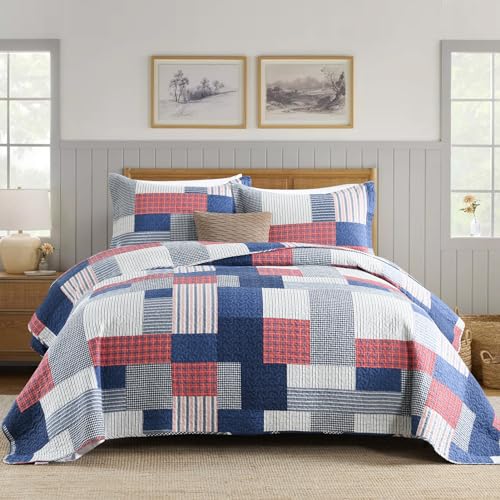 SahSahCasa Quilt King Size, King Quilt Set, 100% Cotton King Quilt Bedding Set Bedspreads, Farmhouse Patchwork Quilt, Plaid Reversible Lightweight Rustic Bedspread, Blue Red White, 3Pcs