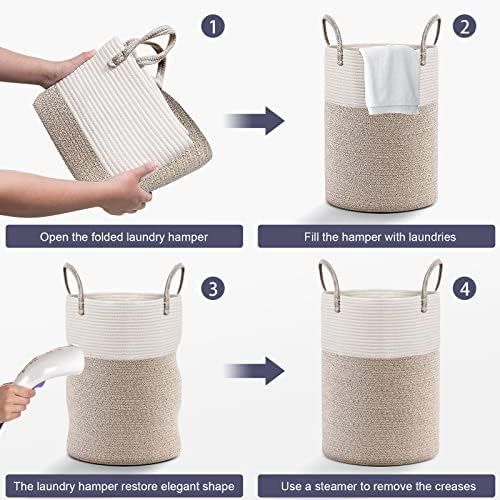 Cotton Rope Laundry Basket, Viwril Large Woven Laundry Storage Basket Dirty Clothes Hamper Tall Woven Baby Nursery Organiser with Handle for Diaper Toy Bedroom Bathroom Storage Bins 50cm x 38cm Brown