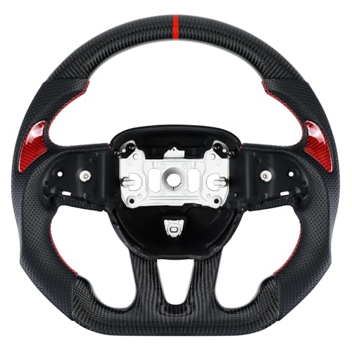 LOSCHEN 3K Real Carbon Fiber Steering Wheel Nappa Perforated Leather, D-shaped Flat-bottom Steering Wheel for Dodge/Jeep Grand Cherokee/SXT/GT/RT/SRT/HELLCAT(with Red Patches)