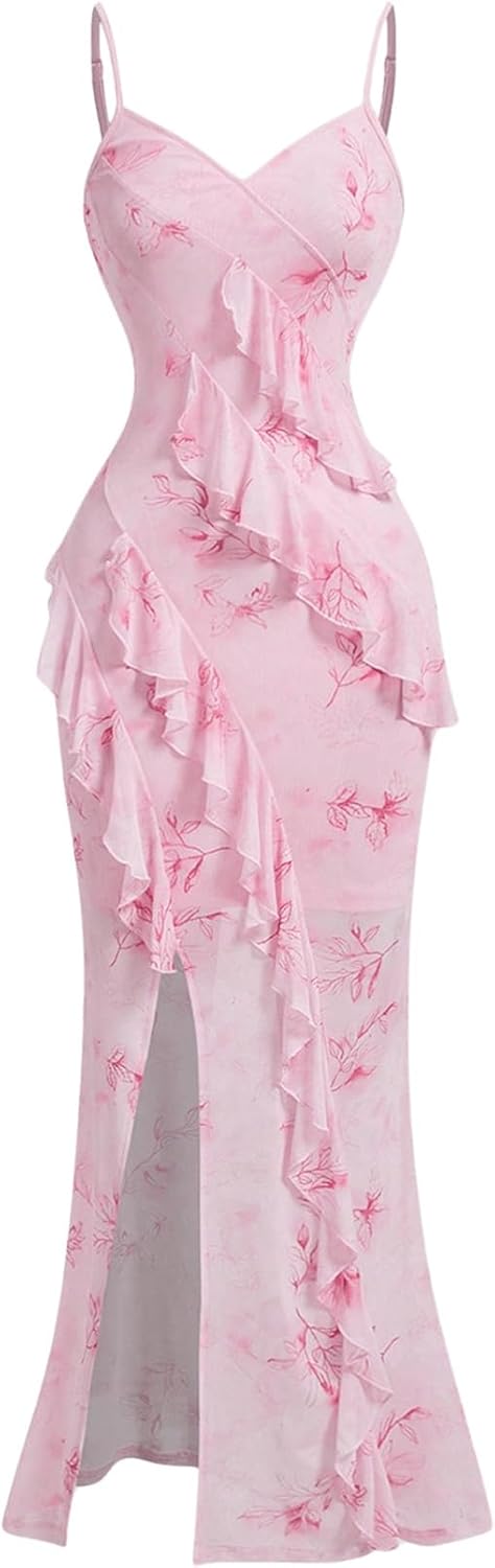 Verdusa Women's Y2k Floral Ruffle Split Thigh Long Cami Dress Bodycon Sleeveless Dress