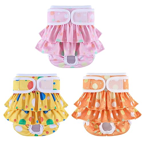 Image of Washable Dog Diapers Female 3 Pack Reusable Premium Highly Absorbent Puppy Diapers, Flexible Doggie Diapers, Durable Leak-Proof Dot Doggy Diapers for Period Heat Incontinence Potty Training, S