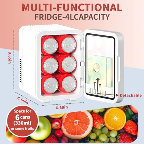 Image of Mini Skincare Fridge with LED Light Mirror, 4 Liter /6 Can Compact Makeup Refrigerator for Bedroom - Portable Mini Fridge for Makeup, Skincare & Food, AC /DC Power for Home & Car