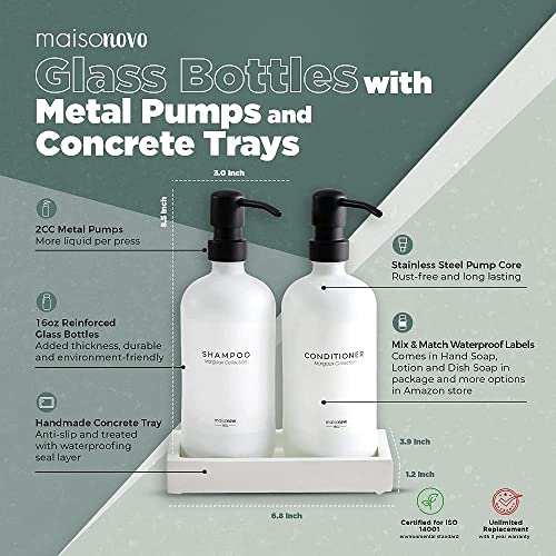 Maisonovo Glass Soap Dispenser With Pump And Concrete Tray | Vintage Soap Dispenser Bathroom & Kitchen Set W. Dish Soap, Hand Soap, Lotion Waterproof Labels | White Bottles With Black Pump #TOP1