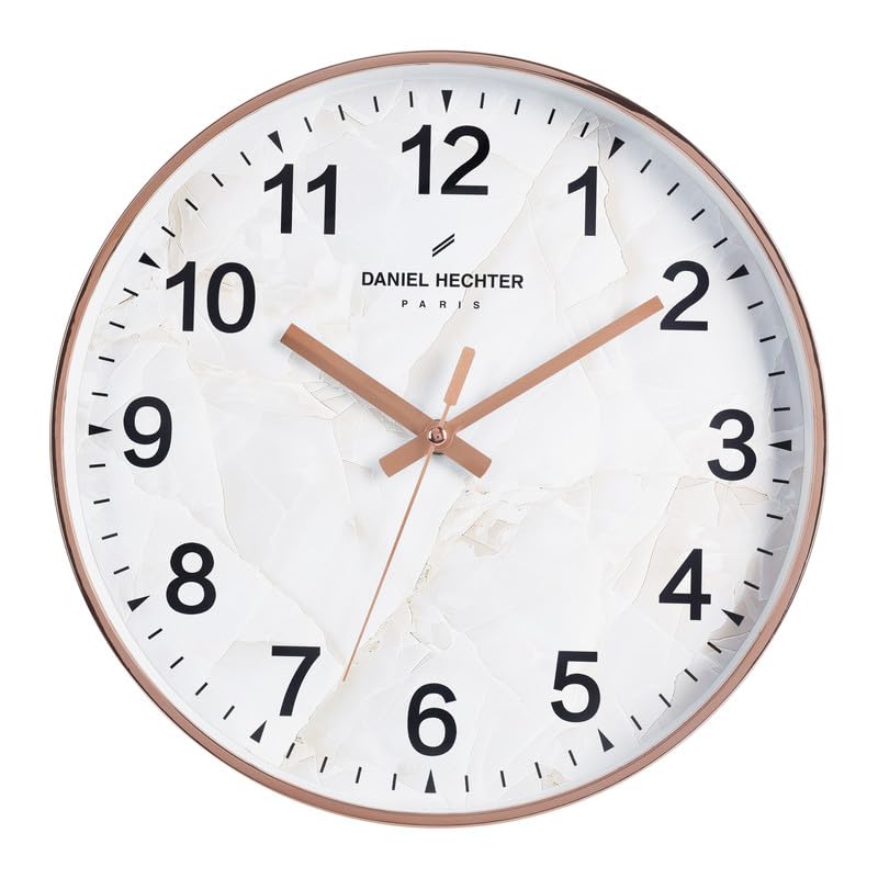 Image of Daniel Hechter Paris Moselle Collection Wall Clock, Silent Sweep Non-Ticking, 12 inch(30cm) HD Glass White Marble Dial, Rose Gold Plastic Frame, Modern Decorative Clock for Home & Office - DHCL1003