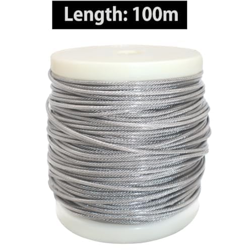 Cable de Acero Inoxidable 304, Cuerda de Alambre Estructura 7×7, 100 m, Incluye 100 Manguitos de Aluminio, Adecuado para Suspender Guirnaldas de Luces Exteriores y Uso en Jardines.