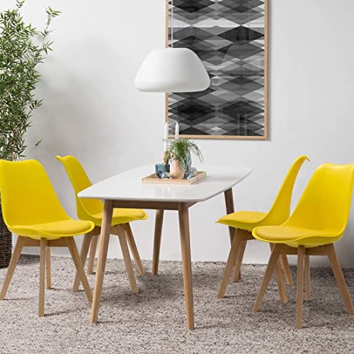 Image of Set of 4 Modern Style Mid Century Modern Dinning Room Cafe Hotel Office Wooden Legs Chair (Yellow Fully Wooden Legs)