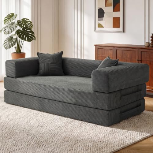 Vipbear 200cm Canapé Convertible 3 Places, Fabriqué en Velours Côtelé de Haute Qualité avec Forme de Mémoire Haute Densité, Versatile 5 en 1 Canapé Compressé pour Salon, Gris - 1