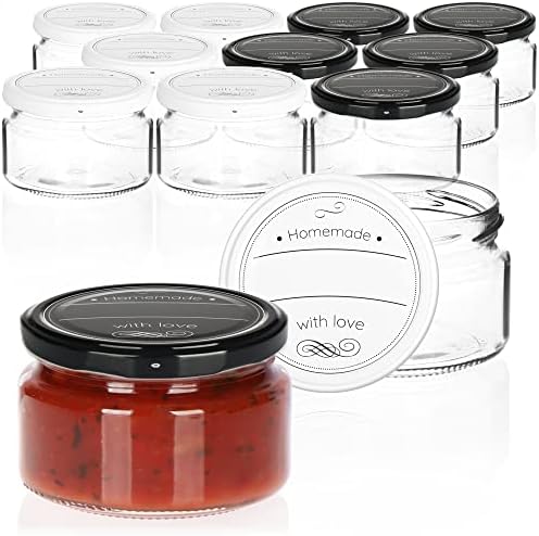 COM-FOUR® 12x preserving jars with screw lids Homemade with love in black and white - TO Ø 82 mm - up to approx. 250 ml