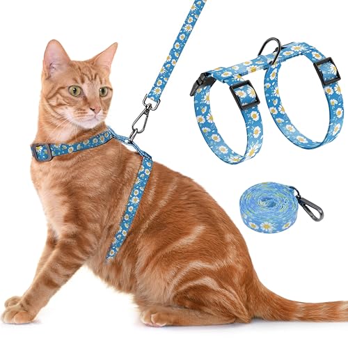 Seyezo Cat Harness and Leash Set, Adjustable Kitten Harness Escape Proof Cats Harness, Soft Lightweight Walking Travel Pet Harness, Cute Kitty Harness Leash Set for Small Medium Cats, Blue Daisy