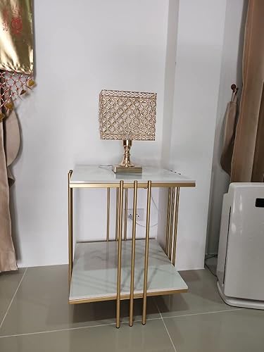 Miniatura 15 de Wisfor Mesa auxiliar de piedra sinterizada: mesa auxiliar de sofá blanca cuadrada de 2 niveles - Mesa de centro pequeña con marco negro - Mesita de