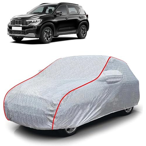 Image of Sulfar 100% Waterproof Car Body Cover Compatible with Mirror for Kia Sonet (Triple Stitched, Full Bottom Elastic, Magic Silver with Red Piping)