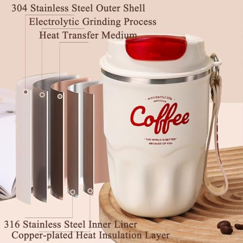 Image of Coffee Vacuum Flask, Portable Coffee Cup with Lid & Handle, Stainless Steel Insulated Water Bottle for Home, Office, and Outdoor Use, Insulated Travel Drinkware, Travel Coffee Mugs (Red,Simple)