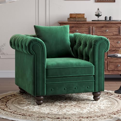 ONBRILL Velvet Accent Chair, Chesterfield Chair for Living Room, Comfy Button Tufted Club Chair with Rolled Arm & Throw Pillow, Vintage Single Sofa Chair for Apartment, Green