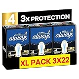 Always Ultra Sanitary Towels, Size 4 Secure Night, Extra Large Pack, 66 Count, Super Absorbent, Ultra Thin Pads with Wings for Overnight Protection