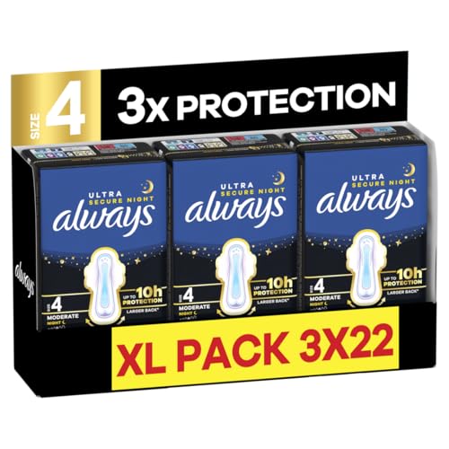 Always Ultra Sanitary Towels, Size 4 Secure Night, Extra Large Pack, 66 Count, Super Absorbent, Ultra Thin Pads with Wings for Overnight Protection