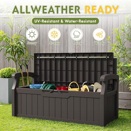 Image of Greesum 80 Gallon Storage Bench Outdoor Deck Box with Armrest, Brown