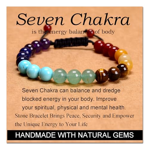 Massive Beads Seven Chakra Stones - Stone of Balance Energy - Handmade Yoga Adjustable Macrame Bracelet Natural Stone Crystal Healing Power Energy Gifts for Unisex Adult 8mm