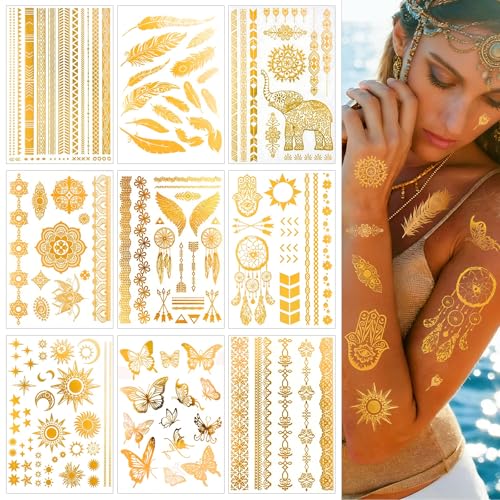9 Blatt Festival Tattoos Festival Gold Temporäre Tattoos zum Aufkleben Metallic Klebetattoos Erwachsene Klebe Tattoo Damen Boho Gesichtstattoo Set Glitzer Accessoires für Festival Party Karneval