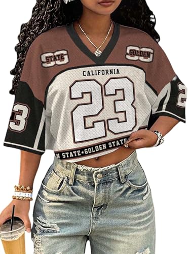 MakeMeChic Womens Football Jersey Shirts Y2K Number Crop Tops Soccer Jersey Tee Streetwear Brown White Medium