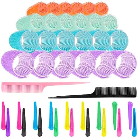 44 Stücke Lockenwickler Set,24 Stücke Lockenwickler Selbsthaftend und 18 zufällig gefärbte entenschnabelclips zum Fixieren von Frisuren.Und 2 Kämme in zufälligen Farben Cover