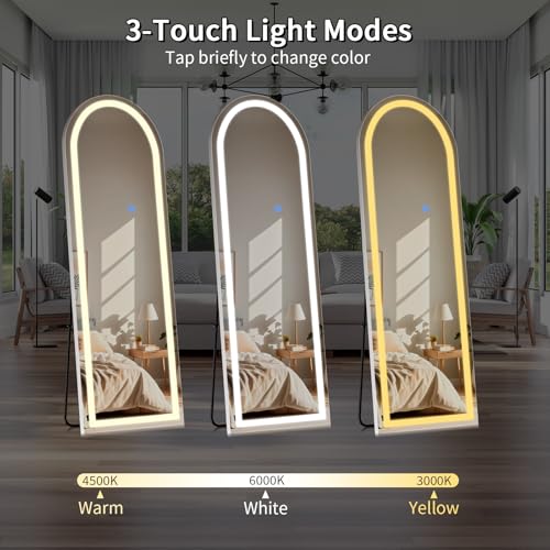 Image of Koonmi LED Arched Full Length Mirror, 65 inchx24 inch Full Length Mirror with Lights, Lighted Floor Mirrors with Stand, Full Body Mirrors with Dimming & 3 Color Lightingfor Living Room Cloakroom, White