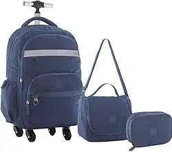 Kit Mochila Escolar Juvenil Masculino 4 Rodas 360° Desenho do Tecido Matelassê Com Lancheira Térmica e Estojo Box (AZUL ESCURO)