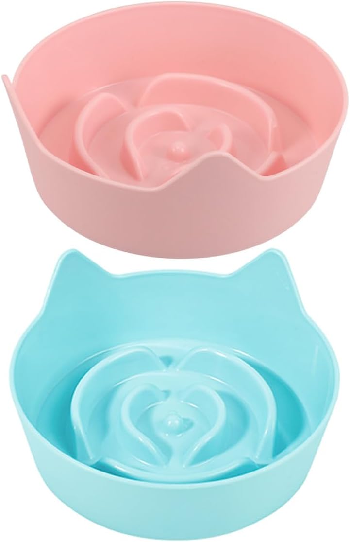 2pcs Cat Feeding Bowls with Non-Slip Base Slow Food Feeder for Cats and Kittens Candy Color Pet Food and Water Dishes for Indoor Slow Eating