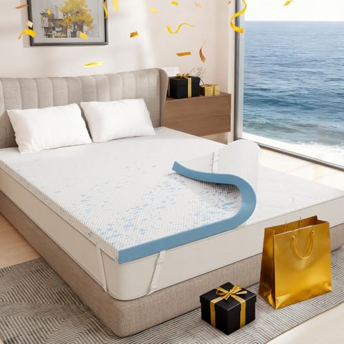 OhGeni 3 Inch Cooling Queen Size Gel Memory Foam Mattress Topper Pad, Soft Washable Bed Cover with Anti-Slip Base &Zipper,Fits 6