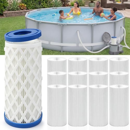 SWIMMORY Universal 12Pack Pool Filter Cartridge Type A/C/III 2.01 Inner 7.87 Height 70+2 Pleats 5 Sq.ft Filtration Reusable Replacement for 28604 58384 58387 59900E Above Ground Pool Pumps
