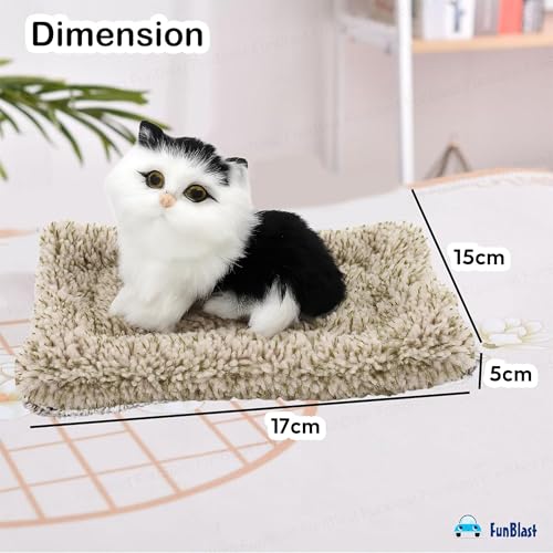 Image of FunBlast Cute Cat Plush Toy with Meow Sound, Toy Accessories for Car Dashboard & Home Decor, Realistic Cat Pet Toys with Bed, Gift for Kids (Black+White)