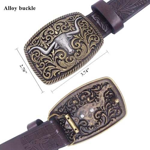 Western Cowboy Genuine Leather Belt – Floral Embossed with Longhorn Buckle3