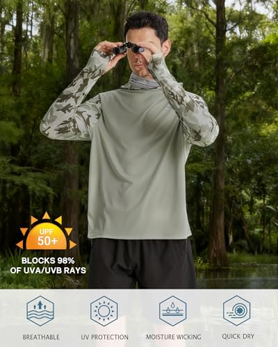 Image of FISHEAL Men's Performance Fishing Hoodie Shirt - UPF 50+ UV Sun Protection Long Sleeve Shirts with Mesh Face Mask